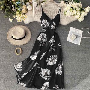 Yuoomuoo Ins Mode Sexy Ruches V-hals Boho Zomer Bloemen Maxi Jurk Vrouwen Backless Bandjes Lange Strand Jurk Zonnejurk