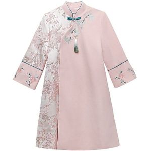 Chinese Jurk Voor Vrouwen Ao Dai Cheongsam Bloemen Borduurwerk Mandarijn Kraag Oosterse Qipao Lange Mouwen Warm Dikke Wol Gewaad