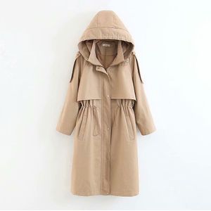 Vrouwen Casual Windjack Lange Mouwen Rits Hooded Uitloper Effen Kleur Dubbele Pocket Top Lente Herfst Vrouwelijke Trenchcoat