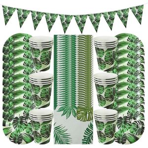 61Pcs Zomer Wegwerp Servies Sets Groen Monstera Papieren Borden Cups Servetten Tropische Hawaii Wedding Party Decoratie Supplie