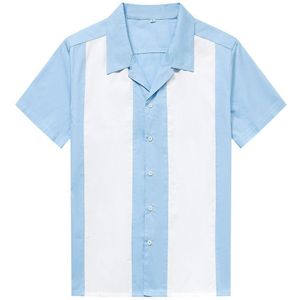 Retro Vintage Shirt Mannen Korte Mouw Turn Down Kraag Plus Size Patchwork Blauw Katoen Casual Shirt Jurk Mannen Kleding Man shirt
