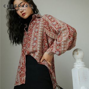 Cheerart Vintage Bloemen Shirts Vrouwen Rode Lange Mouwen Button Up Shirt Dames Top Lantaarn Mouw Blouse Koreaanse Kleding