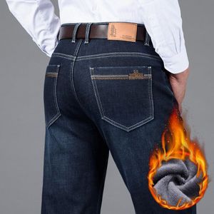 Winter mannen Warme Jeans Business Mode Straight Fit Denim Fleece Thicken Stretch Broek Mannelijke Broek