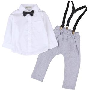 Little Gentleman Kostuum Pasgeboren Baby Boy Kleding Wit Shirt Tops + Overalls Jarretel Broek 2 STUKS Outfit Lente Herfst Pak