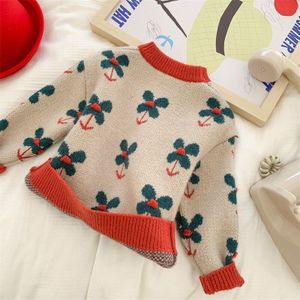 9548D Meisjes Trui Winter Voorjaar Koreaanse Kinderen Retro Bloem Trui Verdikte Truien Bloemen 2-7Year Kid &#39;S Trui