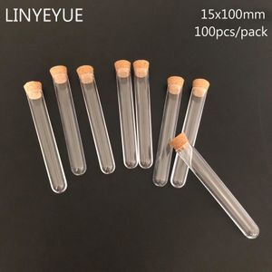 100 Stuks/pak 15*100Mm Laboratorium Plastic Reageerbuis Met Kurk U-vorm Bodem Transparante Bruiloft Gunsten kruiden Buis