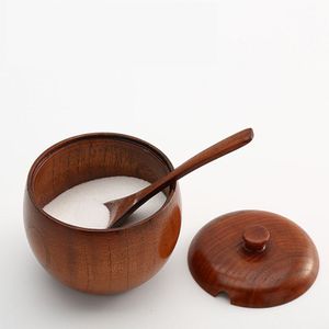 1 stks/set Japanse Natuurlijke Hout Kruidkruik met Deksel Mode Suikerpot Zout Jar met Gratis Lepel Keuken Accessoires
