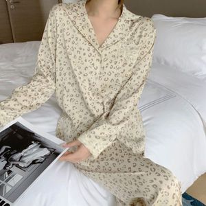 Luipaard Print Pyjama Vrouwen Herfst Groen Nachtkleding Slaapkamer Set 2 Stuk Pijama Lange Mouw Pyjama Loungewear Nachtjapon Pjs