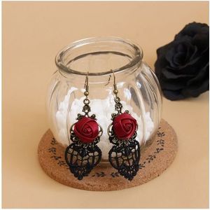 Vintage Gothic Halloween Zwart Kant Rode Oorbellen hangers Vampire Bloemen Oorbel серьги