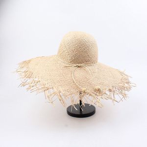 Boho Women Straw Hat Bowknot Wide Large Brim Foldable Frayed Fringe Sun Summer Beach Cap