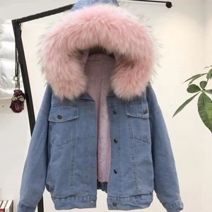 Vrouwen Jas Winter Dikke Jean Jas Roze Bontkraag Fleece Hooded Denim Jas Vrouwelijke Lam Bont Gevoerde Warme Denim jas