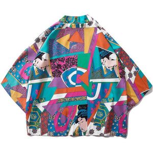 GONTHWID Japanse ukiyo-e Kleurrijke Geometrische Patchwork Print Kimono Vest Haori Jassen Streetwear Hip Hop Open Voorzijde Jassen