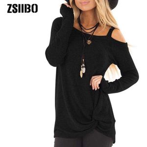 Herfst Winter T-shirt Vrouwen Koude Schouder T-shirt Lange Mouw Knoop Twist Voorzijde Tuniek Tops NVTX173