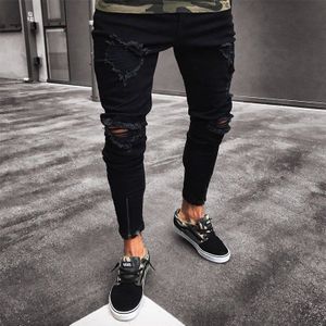 Mannen Knie Ripped Verontruste Gat Biker Jeans Straat Hip Hop Potlood Broek Zwart Stretch Skinny Fit Bodem Rits Jeans