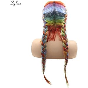 Sylvia 2x Twist Vlechten Pruik Met Baby Haar Regenboog Synthetisch Lace Front Pruiken Warme Perzik Oranje Rood Blauw Groen Paars lang Haar