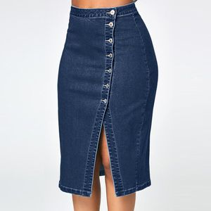 Knop Voor Midi Denim Rok Voor Vrouwen Casual Hoge Taille Split Knielengte Jeans Rok Vrouwelijke Toevallige Zomer Rokken # t2G