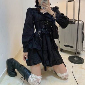 Herfst Japanse Zwarte Gothic Lolita Jurk Vintage Victoriaanse Zachte Meisje Bandage Ruches Mini Korte Jurk Lente Vrouwen Punk Jurken