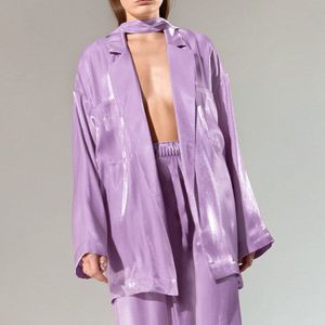 Satijn Nachtkleding Voor Vrouwen Pyjama Set Zijde Loungewear Losse Shine 2 Stuks Lange Mouw Hoge Taille Broek Homewear 2022 Lente