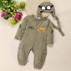 Pasgeboren Baby Jongens Uitloper Rompertjes Pilot Kostuum Luchtmacht Kapitein Legergroen Lange Mouw Jongen Baby Kleding met Hoed Baby