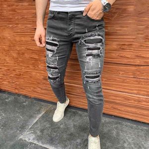 Hip-Hop Stiksels Gerafeld Mannen Skinny Jeans Gescheurde Gat Motorcycle Stretch Slanke Streetwear Biker Jeans Denim Broek Mode