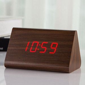Jinsun Wekker Moderne Houten Thermometer Desk Klokken Led Digitale Klok Geluid Controle Mini Led Tafel Klok