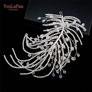 Youlapan Vintage Diamanten Hoofdband Bruiloft Haar Sieraden Bruids Kroon Zilveren Strass Bruiloft Tiara Veer Bruiloft Hoofddeksels