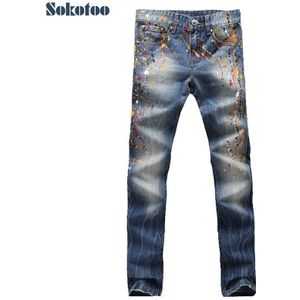 Sokotoo herenmode gekleurde geschilderd jeans Mannelijke toevallige gewassen slim denim broek Lange broek