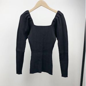 Vrouwen Gebreide Trui Backless Vierkante Kraag Zwart Lange Puff Mouwen Slim Vroege Herfst Lady Trui