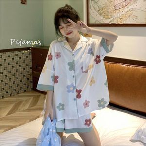 Pyjama Sets Vrouwen Zomer Ins Koreaanse Mooie Bloemen Gedrukt Half Sleeve Meisjes Homewear Losse Dagelijks Zoete Mode Dames Nachtkleding