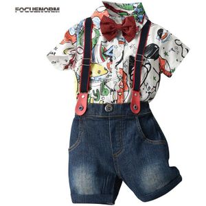 Jongen Gentleman Kleding Set 3Pcs Outfits Bow Tie Print Korte Mouw Enkele Breasted Romper/Shorts Bib Overalls shorts