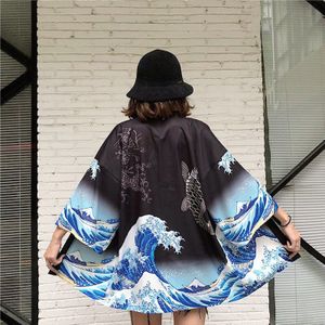 Japanse Retro Uki Print Kimono Vest Shirt Voor Volwassen Losse Lichtgewicht Beachwear Karper Wave Patroon Mode Etnische Kleding