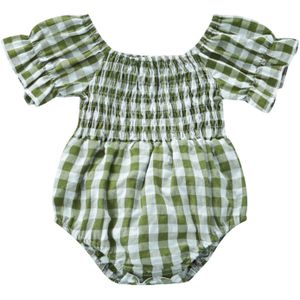 Baby Baby Meisjes Korte Mouw Romper Met Plaid Patroon, Zoete Stijl Kleuraanpassing Zomer Kleding