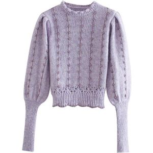 Vrouwen Herfst Trui Met O-hals Borduren Lange Mouwen Gebreide Pullover Femme Casual Zoete Paars Winter Jumper Top