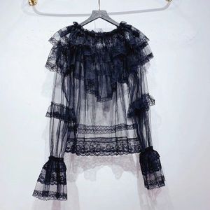 Twotwinstyle Perspectief Mesh Patchwork Lace Blouse Voor Vrouwen O Hals Flare Mouw Elegante Ruches Blouses Vrouwelijke Zomer