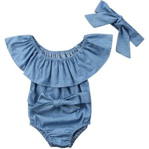 Pasgeboren Baby Baby Meisjes Kleding Set Voor Bow Bodysuit Off Shoulder Denim Jeans Jumpsuit + Hoofdband Zomer Outfits 0 -24 M