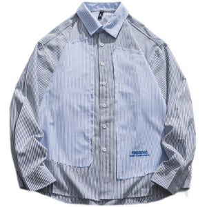 Streep Splice Shirts Mannen Losse Casual Lange Mouw Shirt Stad Jongens Meisjes Streetwear Koreaanse Mode Hip Hop Shirt Oversize