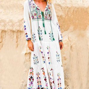 Boho Geïnspireerd Bloemen Geborduurd Lange Mouwen Witte Jurk Vrouwen V-hals Kwastje Boho Jurk Maxi Chic Stijl Jurk Gypsy Vestido