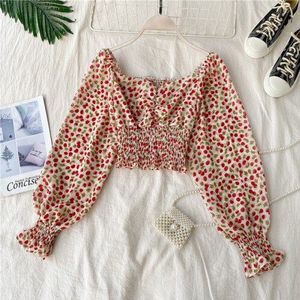 Neploe Retro Houten Oor Print Blouse Strand Stijl Slim Fit Plooi Blusas Vierkante Kraag Off Shoulder Chiffon Shirt 48982