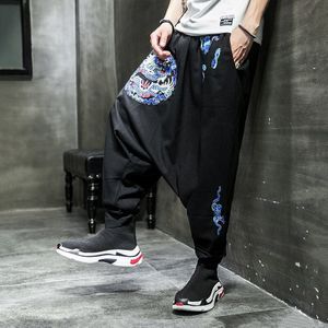 Retro Chinese Borduurwerk Mannen Broek Harem Katoen Linnen Kruis Broek Wijde Pijpen Loose Casual Hip-Hop Lange Broek Mannen TA1870