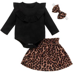 Baby Lente Herfst Kleding Pasgeboren Baby Baby Meisje Kleding Lange Mouw Romper Tops + Luipaard Rok + Hoofdband Katoen outfits