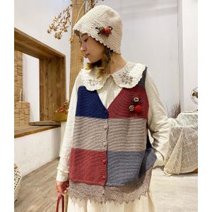 Herfst All-Wedstrijd Losse Grote Patchwork Kant Gebreide Vest Trui Vest Zs