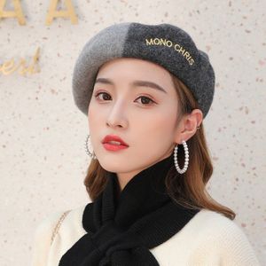Mode Japanse Twee Kleuren Borduren Baret Herfst En Winter Koreaanse Editie Warme Schilder Hoed Netto Rode Retro Achthoekige hoed