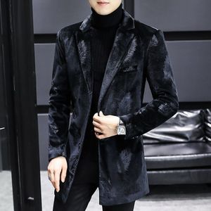 Winter Wol Blends Jas Mannen Trendy Slim Fit Lange Jas En Jas Voor Mannen Koreaanse Royal Blue Print Fluwelen Warm jas Mannen