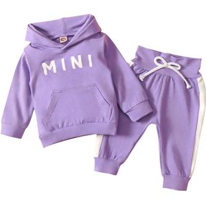 Herfst Baby Baby Jongen Meisje 2 Stuks Set Paars Mini Lette Print Voorvak Hooded Top + Broek Sport Outfits 0-24M