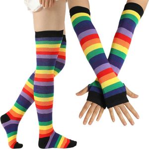 Womens Rainbow Strepen Over Knie Dij Hoge Sokken Arm Warmer Vingerloze Handschoenen Set Fancy Dress Cosplay Maskerade Partij Kostuum