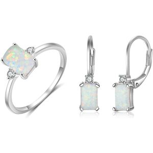 925 Sterling Zilveren Sieraden Sets Voor Vrouwen Rechthoekige White Opal Ring Oorbellen Opaal Sieraden Bruiloft (Lam Hub fong)