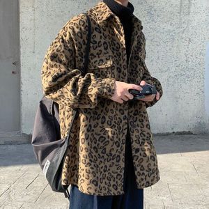Herfst Luipaard Wollen Jas Mannen Mode Retro Casual Wollen Jasje Streetwear Losse Koreaanse Stijl Wollen Jas Heren Overjas