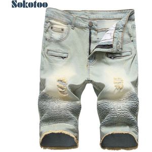 Mannen vintage slim straight ripped biker shorts voor motorfiets knielengte stretch denim geplooide fringe jeans