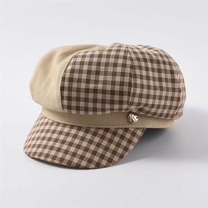 ROSELUOSI Lente Vrouwen Achthoekige Cap Toevallige Plaid Patchwork Newsboy Caps Gorros Mujer