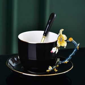 Creatieve 3D Blossom Abrikoos Bloem Gekleurde Koffie Mok Cup Set Emaille Porselein China Bone Thee Melk Drinkware Vriend Huwelijkscadeau